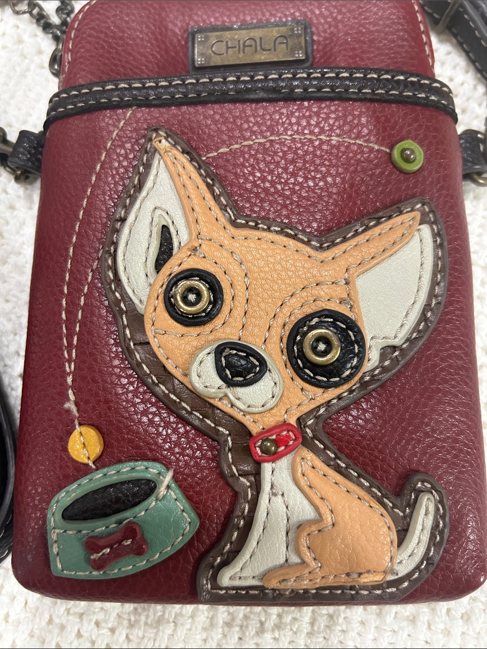 Chala Red Leather Small Crossbody with Chihuahua Appliqué bone n flower charms